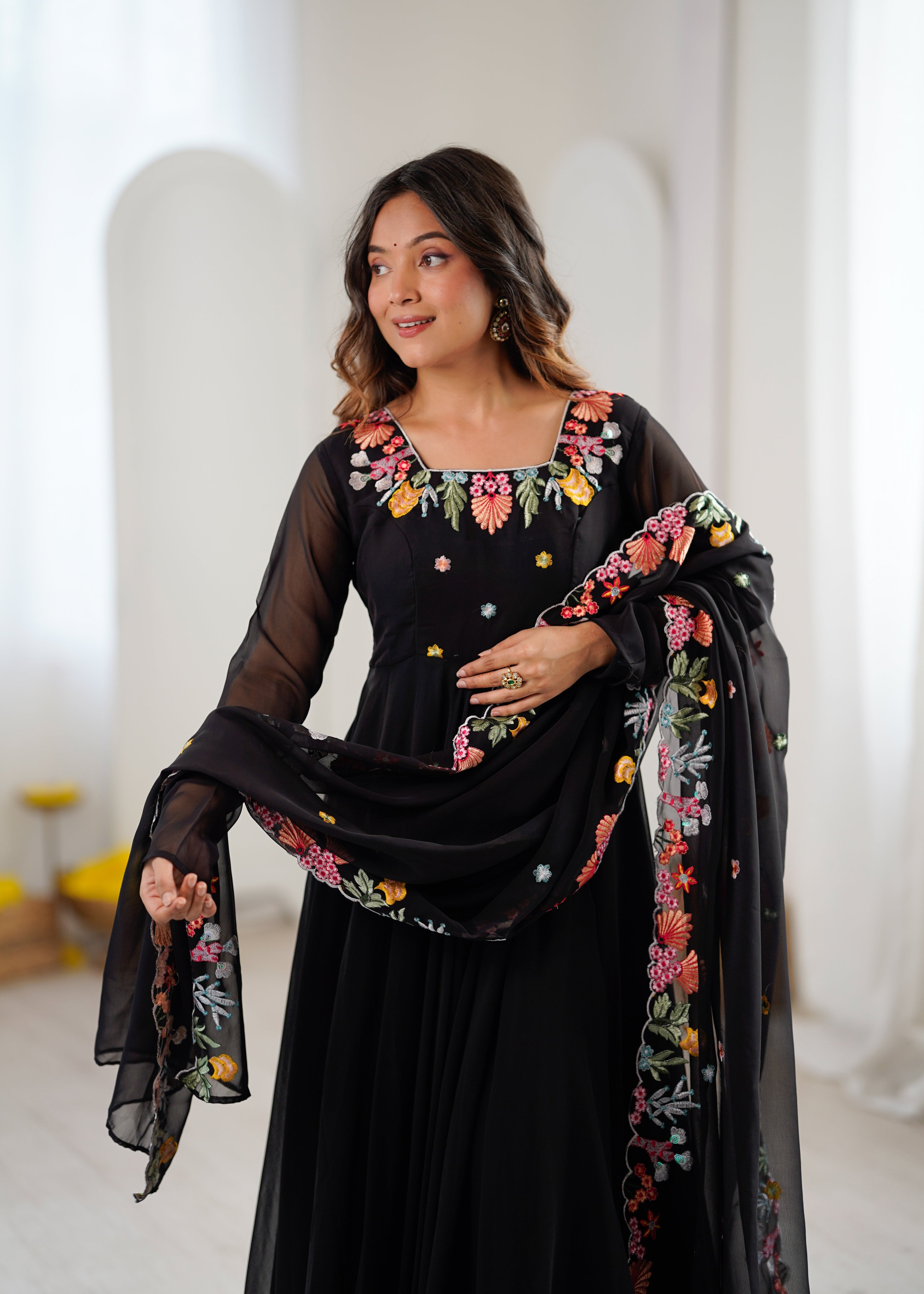 Black Anarkali suit with colorful embroidery