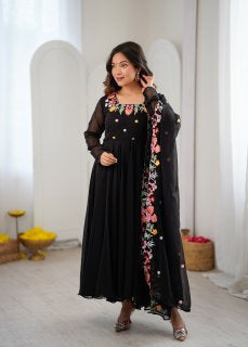 Black Anarkali suit with colorful embroidery