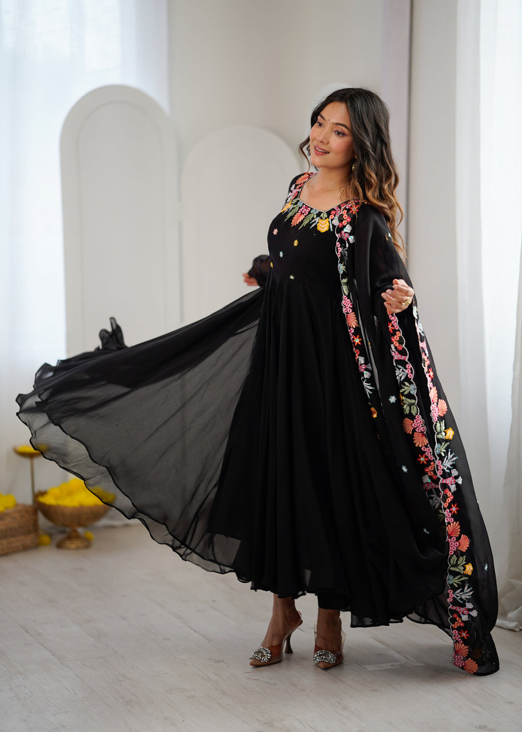 Black Anarkali suit with colorful embroidery