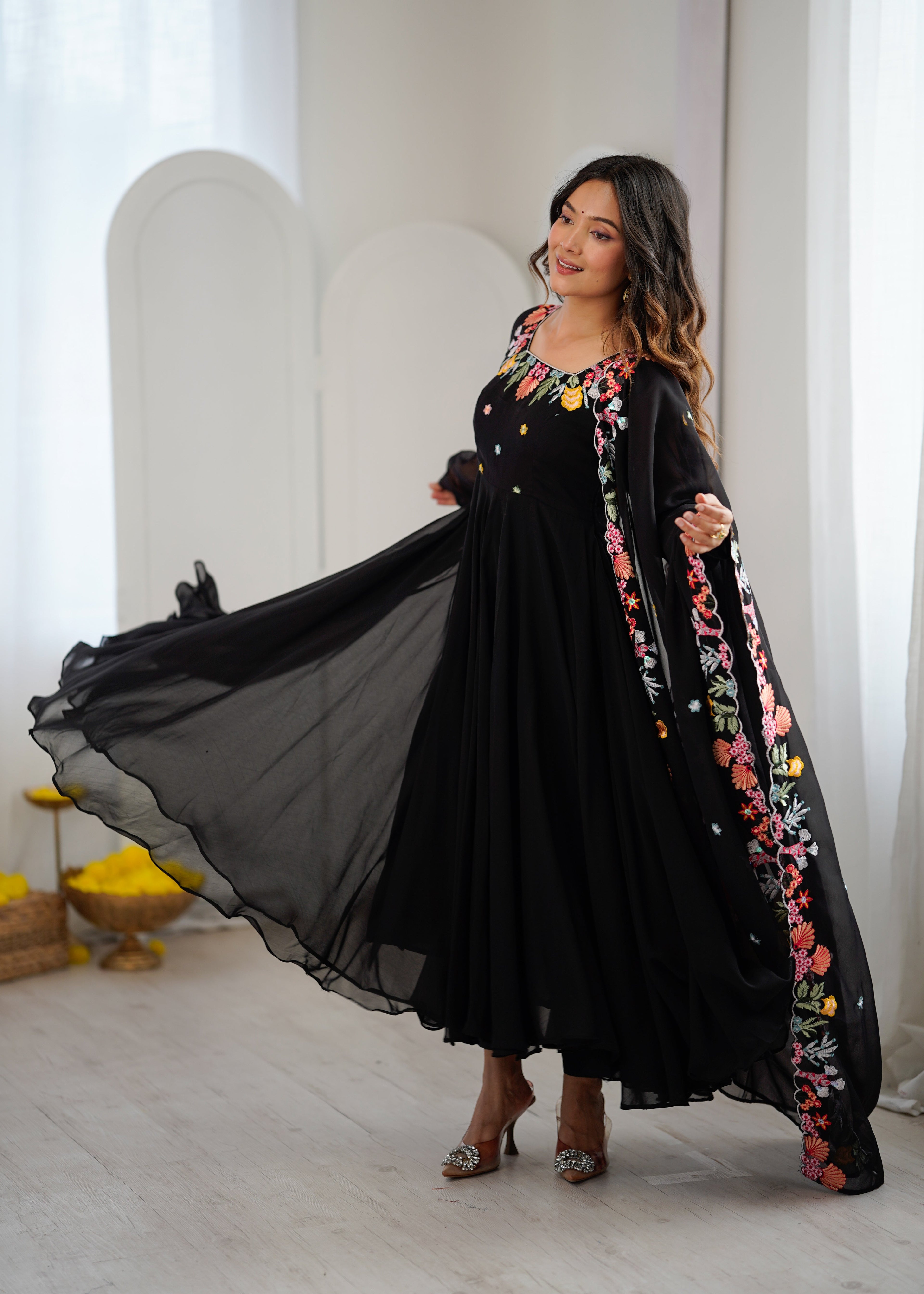 Black Anarkali suit with colorful embroidery