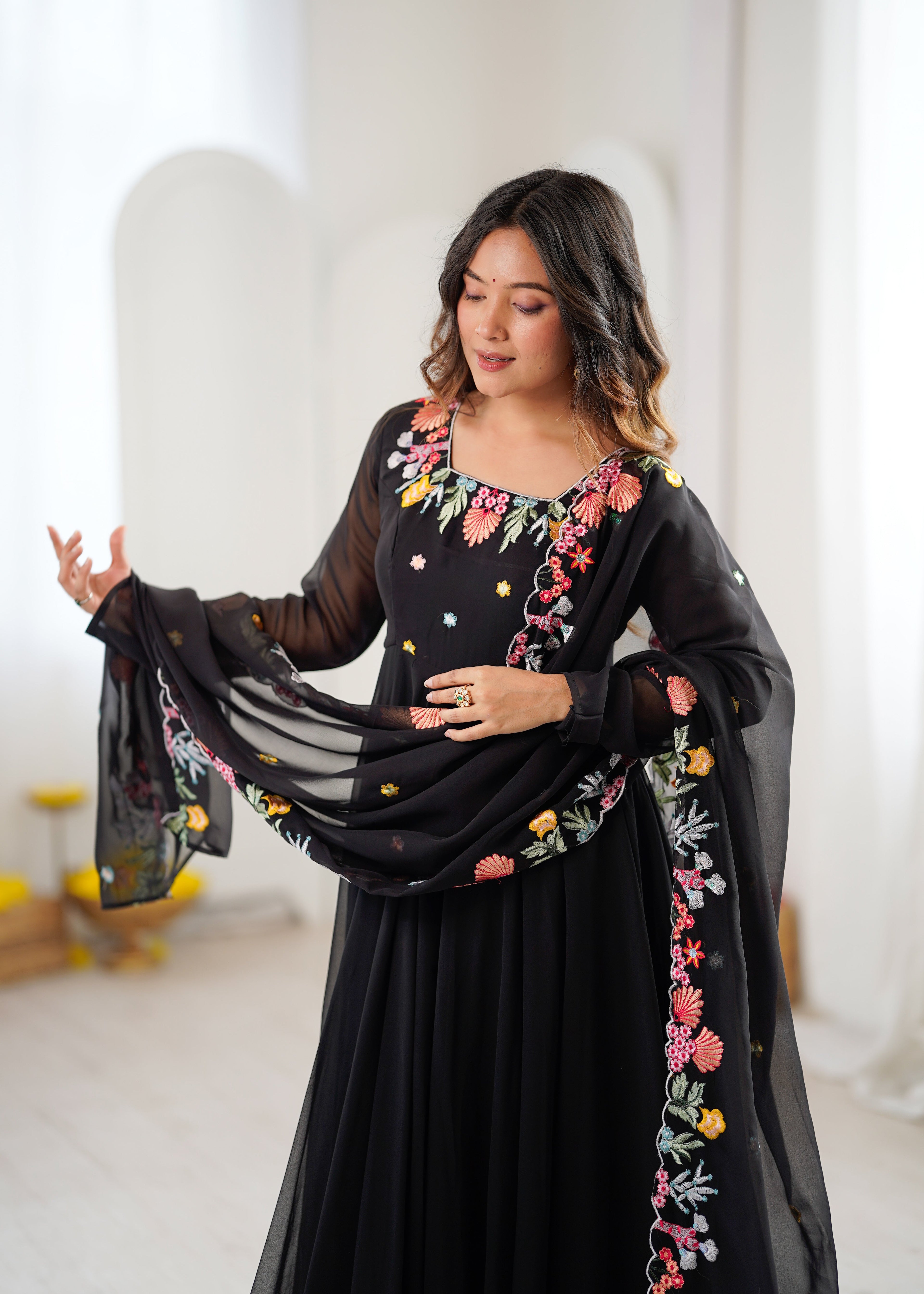 Black Anarkali suit with colorful embroidery