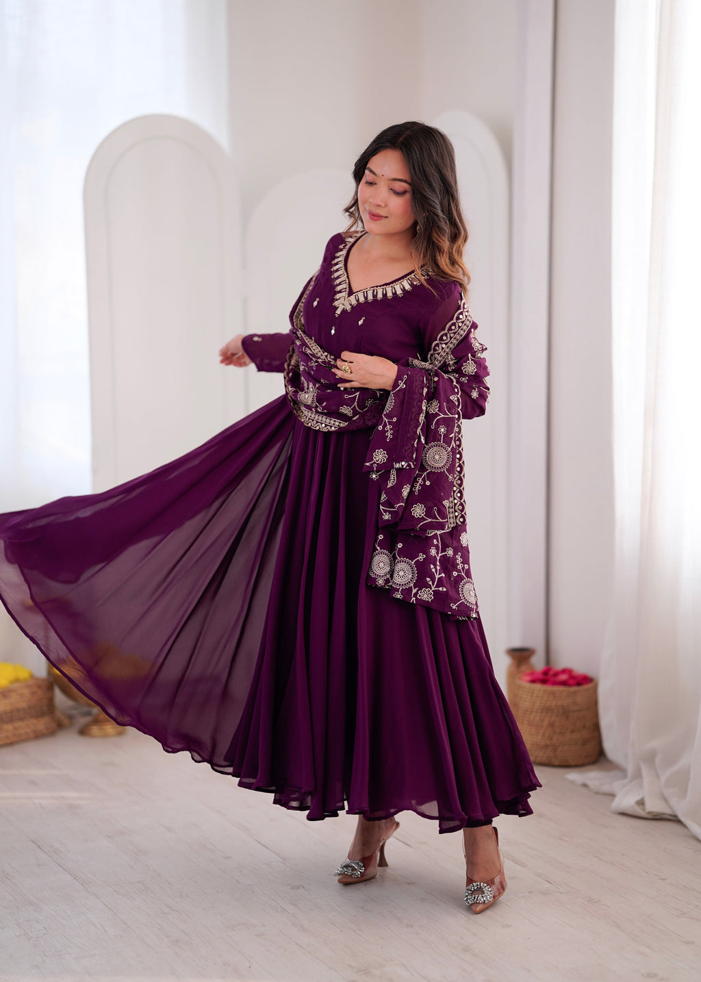 Elegant red Anarkali suit with embroidered dupatta