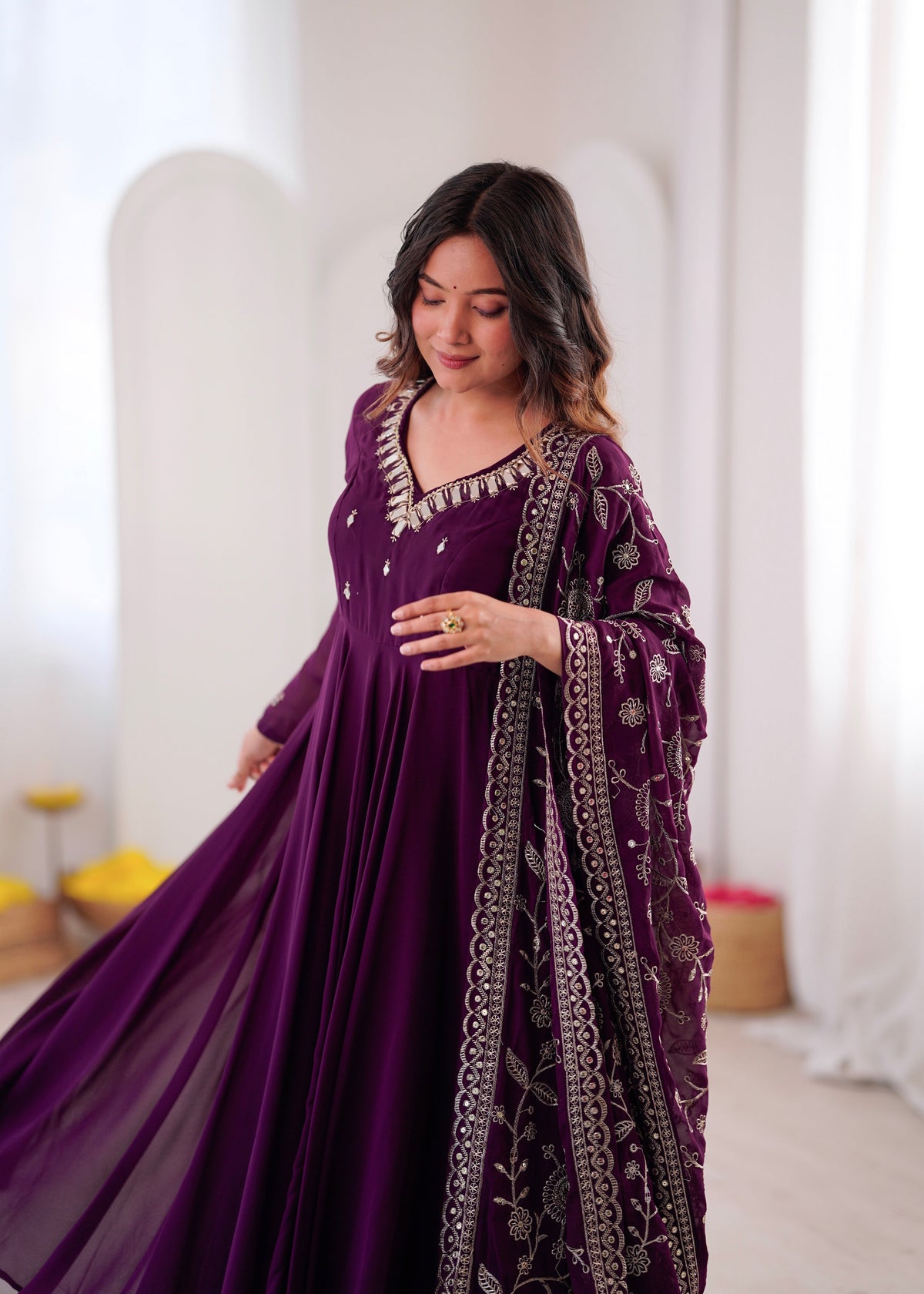 Elegant red Anarkali suit with embroidered dupatta