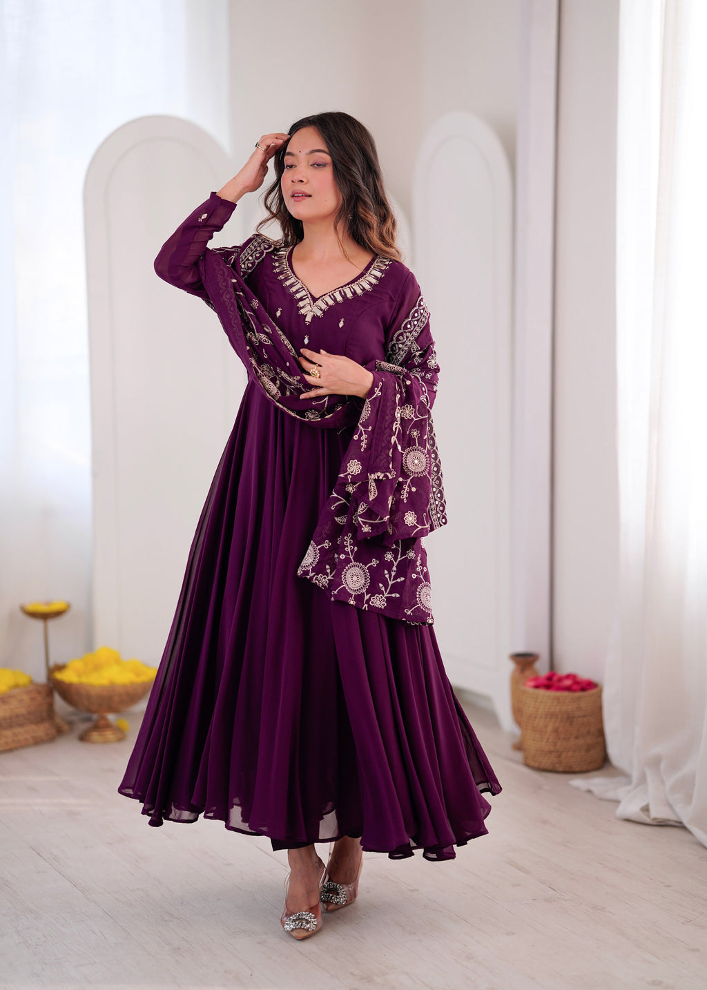 Elegant red Anarkali suit with embroidered dupatta