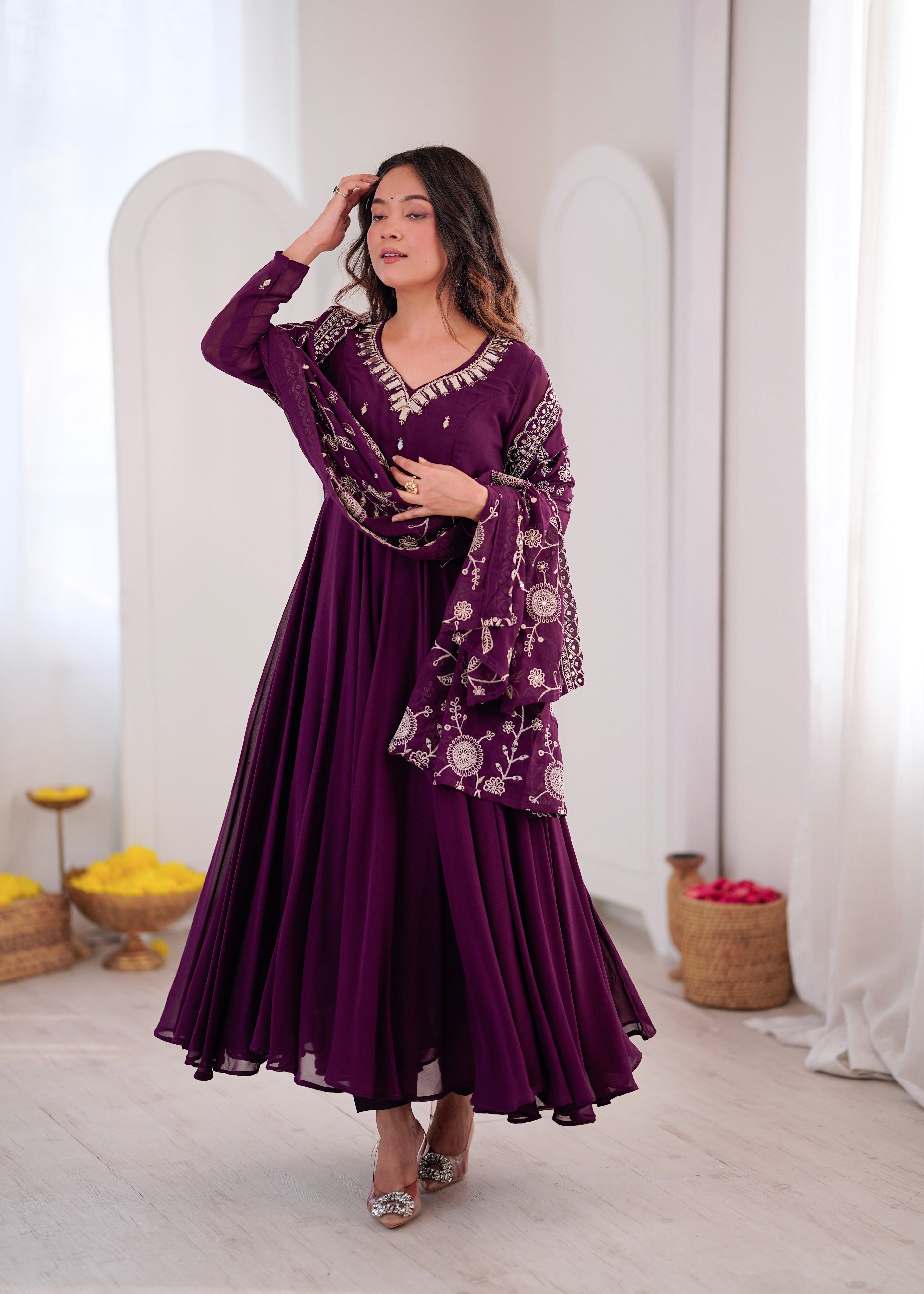 Elegant red Anarkali suit with embroidered dupatta