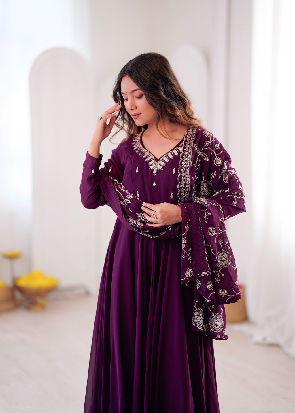 Elegant red Anarkali suit with embroidered dupatta