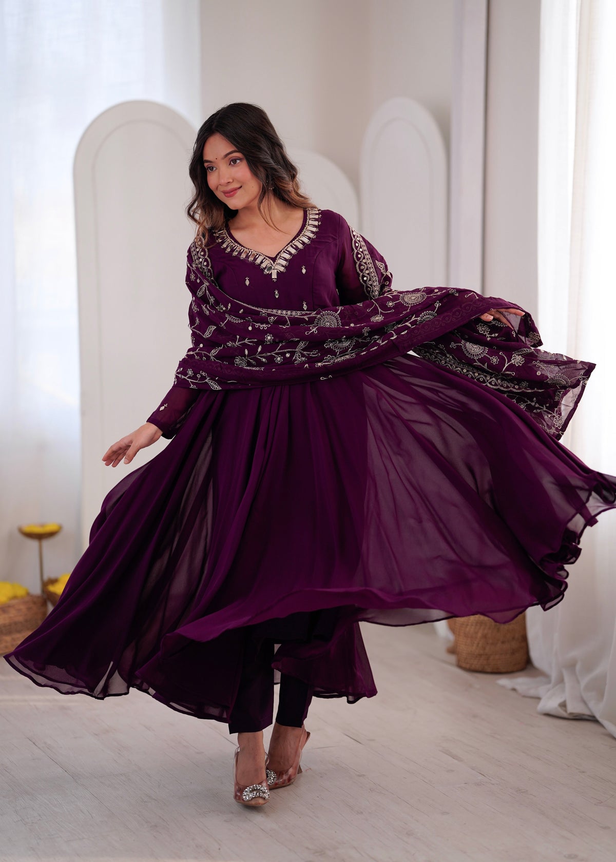 Elegant red Anarkali suit with embroidered dupatta