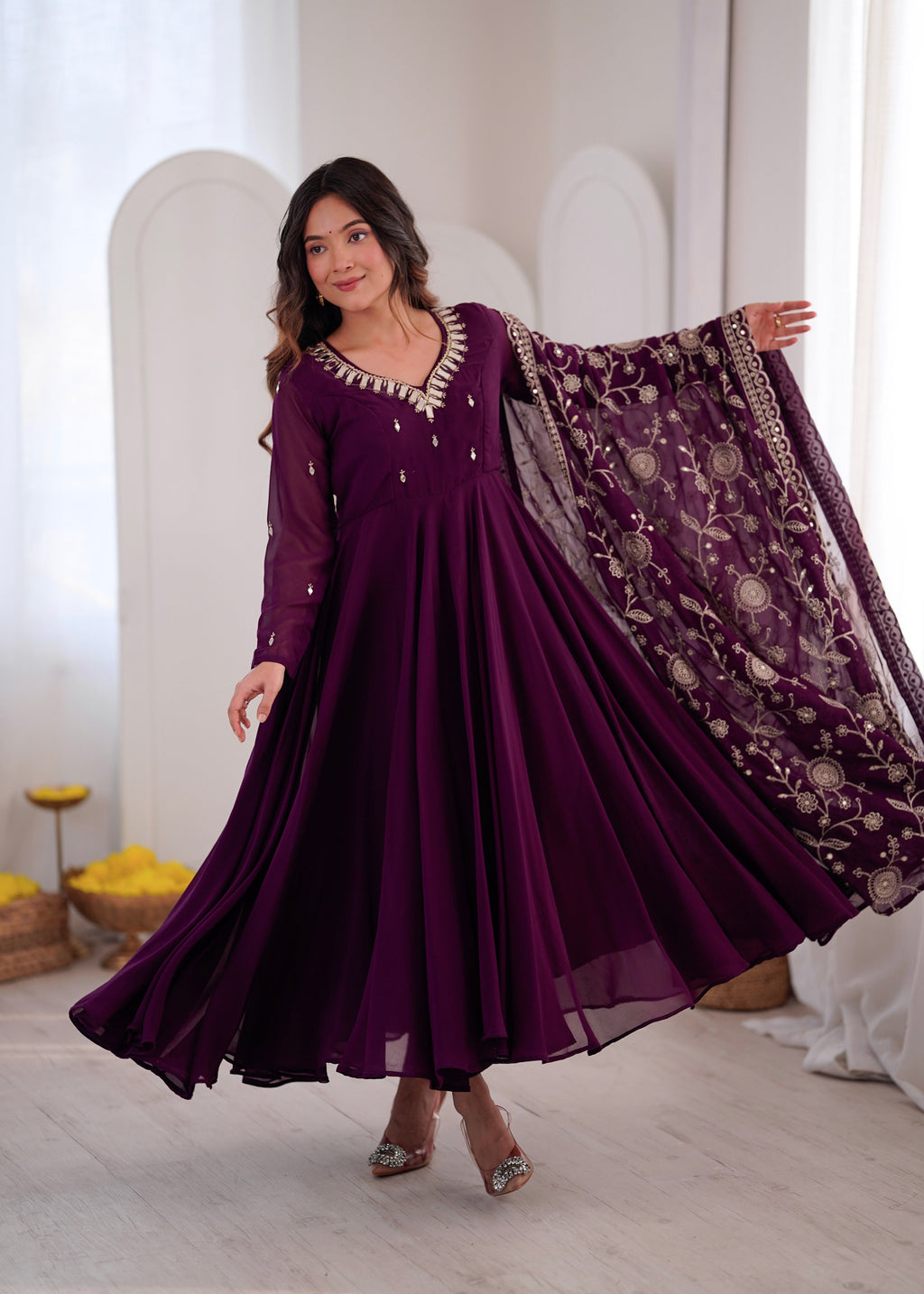 Elegant red Anarkali suit with embroidered dupatta