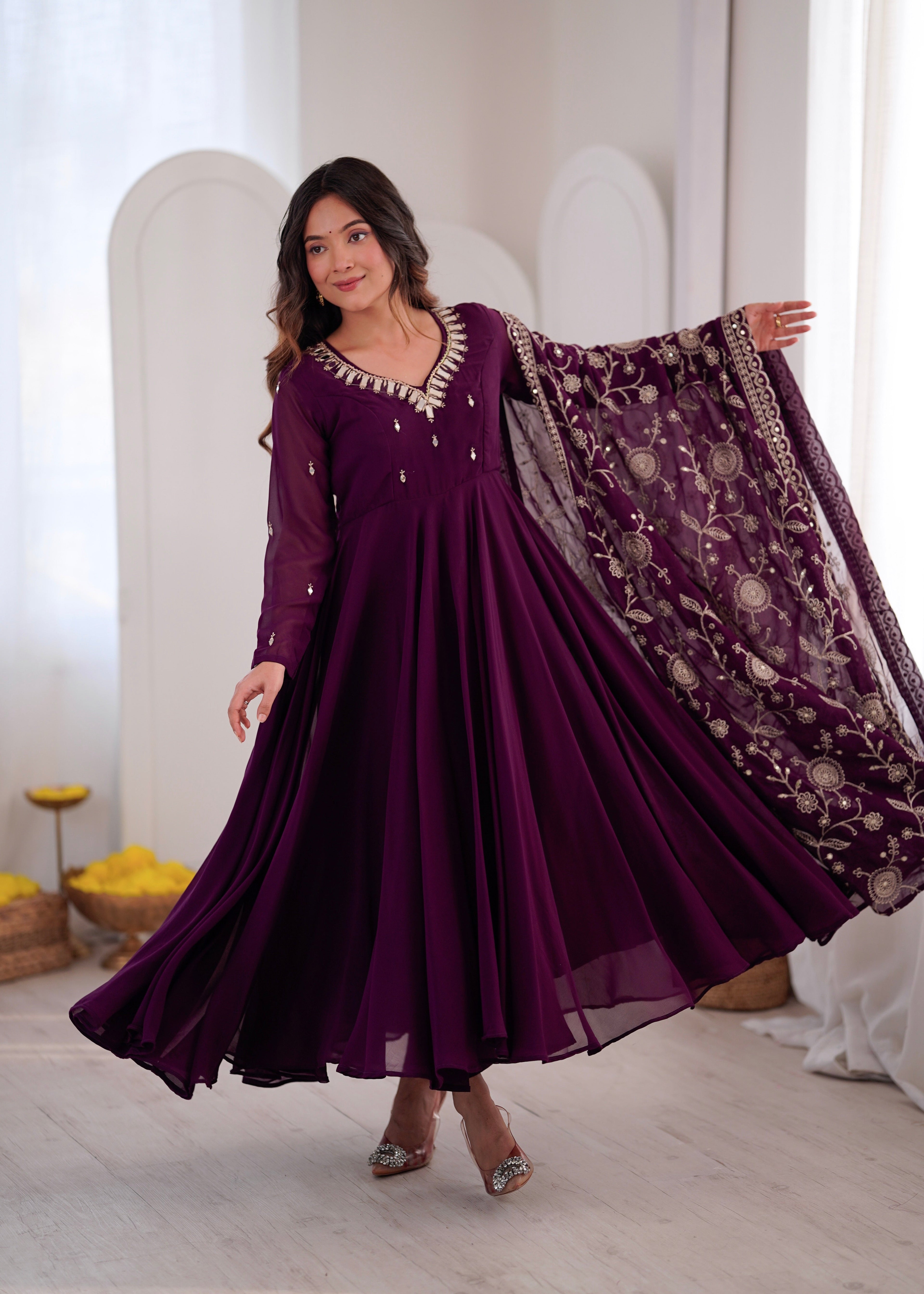 Elegant red Anarkali suit with embroidered dupatta