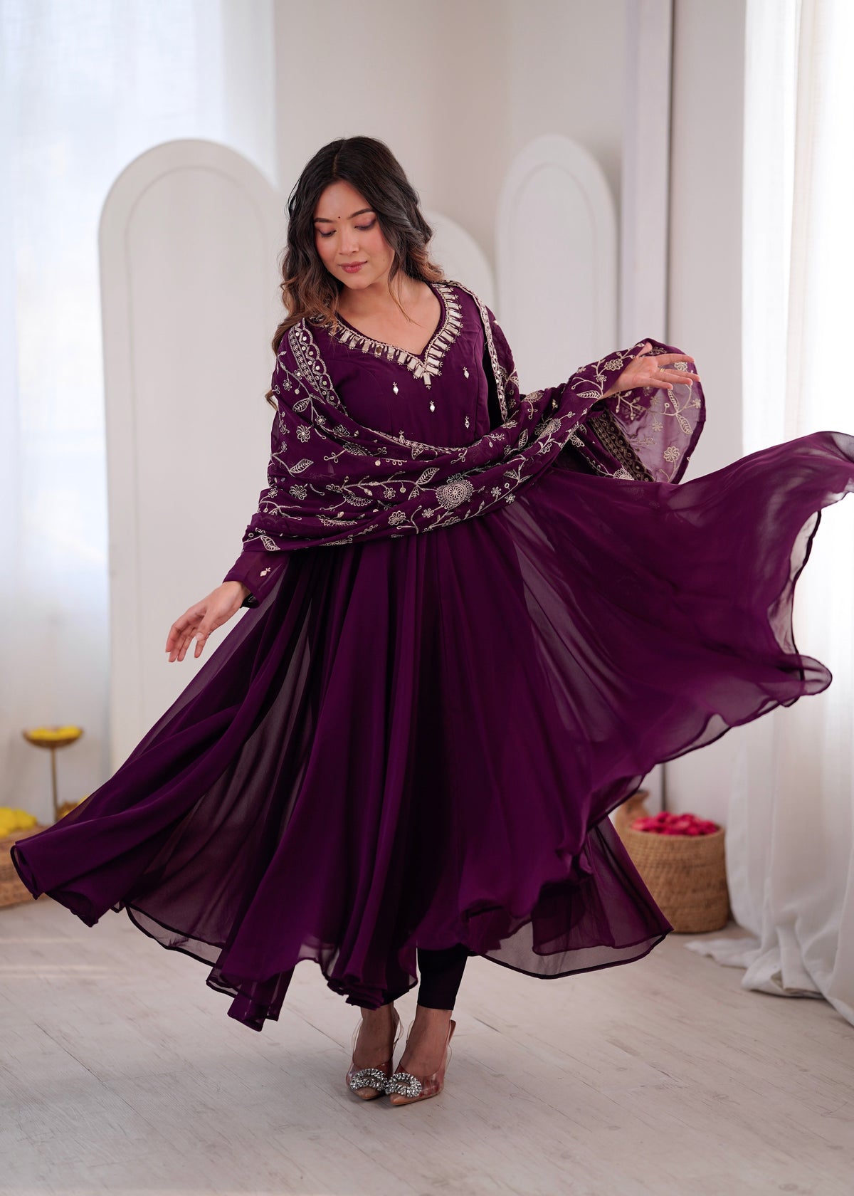 Elegant red Anarkali suit with embroidered dupatta