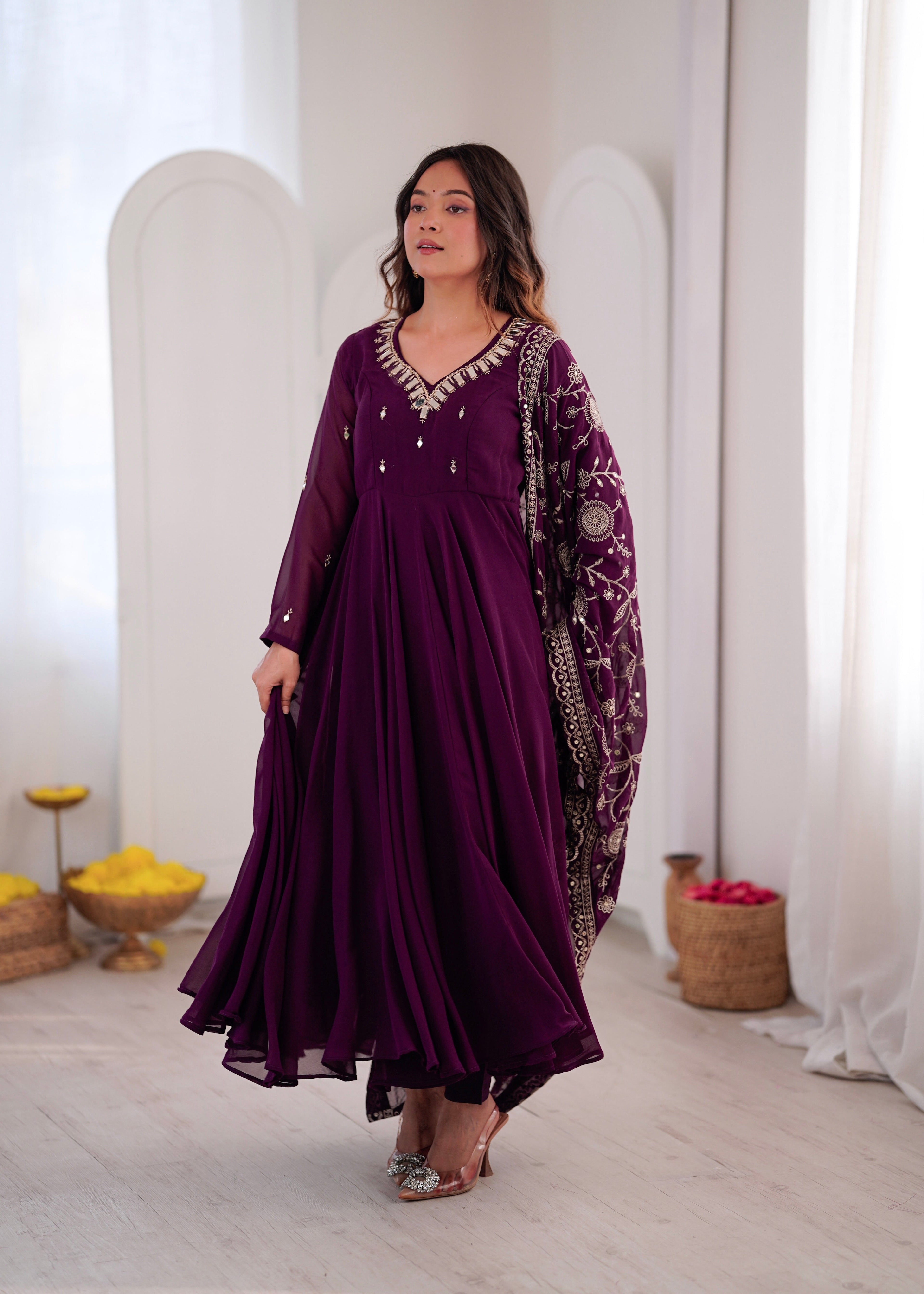 Elegant red Anarkali suit with embroidered dupatta