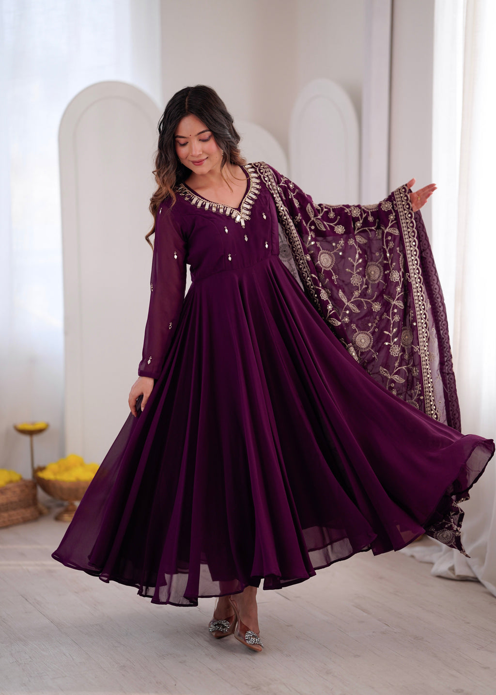 Elegant red Anarkali suit with embroidered dupatta