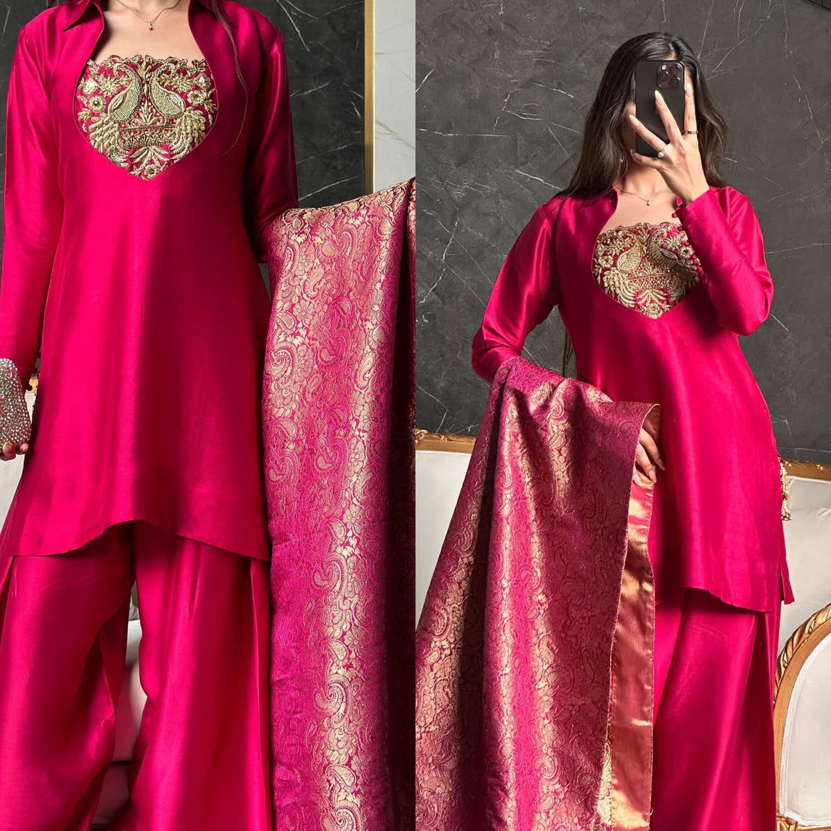 Deep Rani Pink Silk Patiala Suit with Heavy Bids Hand Work Neckline & Jacquard Dupatta set