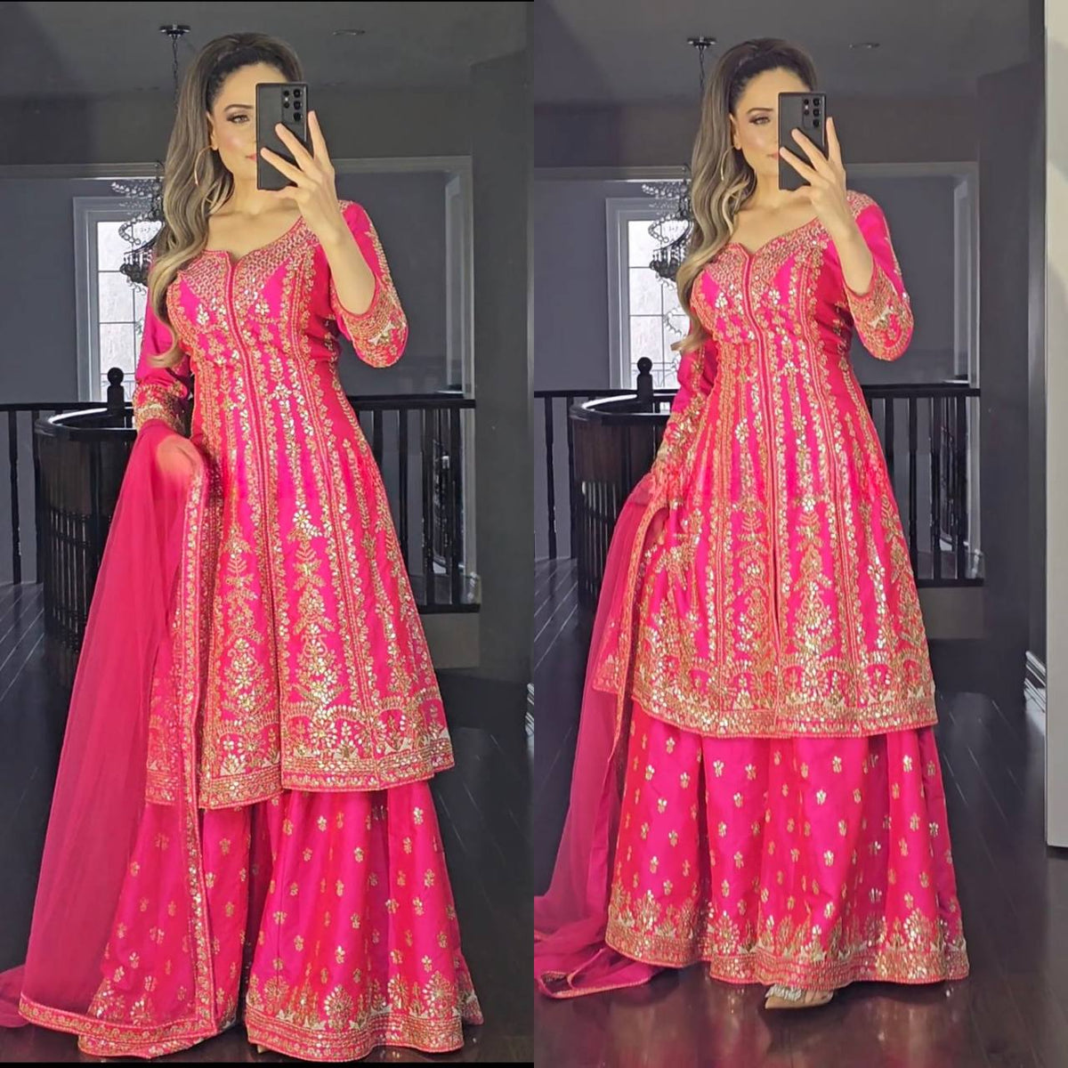 Rani Pink Special Presenting New Long Top Sharara Plazzo Dupatta Suit Set