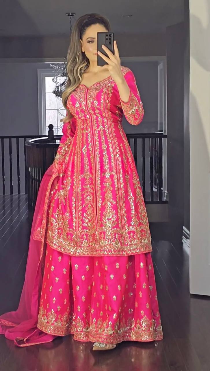 Rani Pink Special Presenting New Long Top Sharara Plazzo Dupatta Suit Set