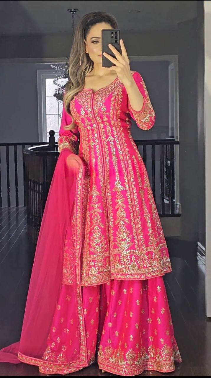 Rani Pink Special Presenting New Long Top Sharara Plazzo Dupatta Suit Set