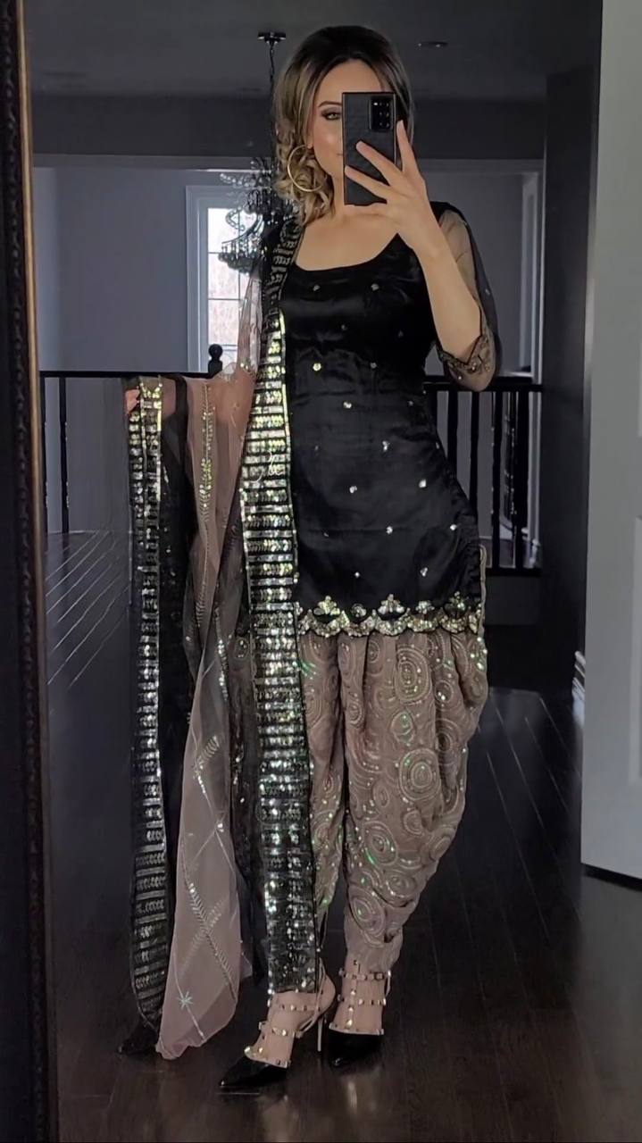Black and Chiku Colour Party Wear Look Top Dhoti and Dupatta Set
