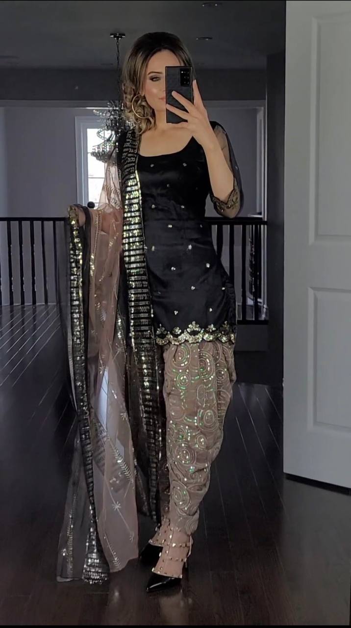 Black and Chiku Colour Party Wear Look Top Dhoti and Dupatta Set